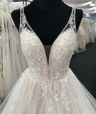 BMbride White Tulle V Neck Open Back Long Layered Wedding Dress BMbride