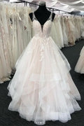 BMbride White Tulle V Neck Open Back Long Layered Wedding Dress BMbride