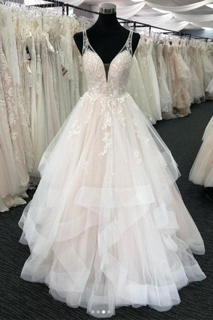 BMbride White Tulle V Neck Open Back Long Layered Wedding Dress BMbride