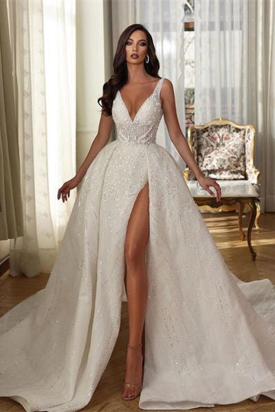 White V-neck Sleeveless Sequined Split Wedding Dress With a Magnificent Train BM bride