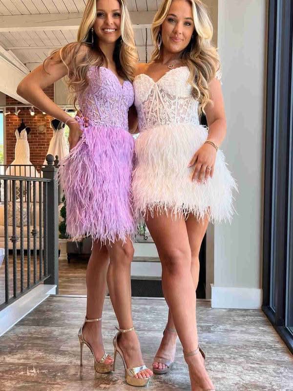 Beautiful Sheath Sweetheart Lace Feather Skirt Homecoming Dress BM bride
