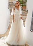 Women's Beach Spaghetti Strap Wedding Dresses for Bride 2025 Boho Long Lace Bridal Gowns for Wedding - Bmbride