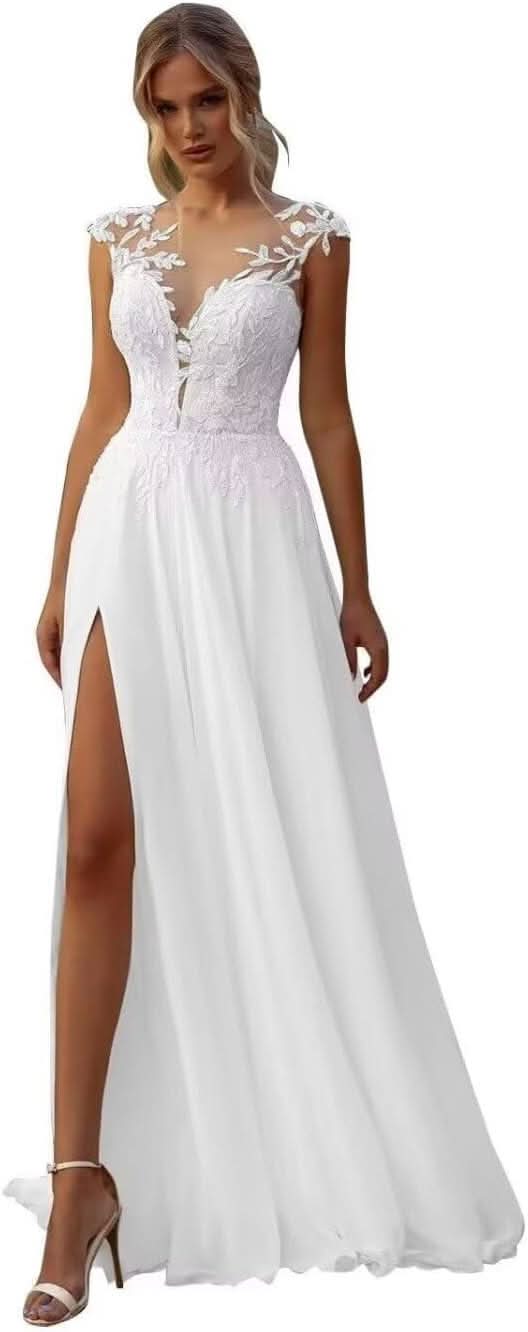 Women's Beach Spaghetti Strap Wedding Dresses for Bride 2025 Boho Long Lace Bridal Gowns for Wedding - Bmbride