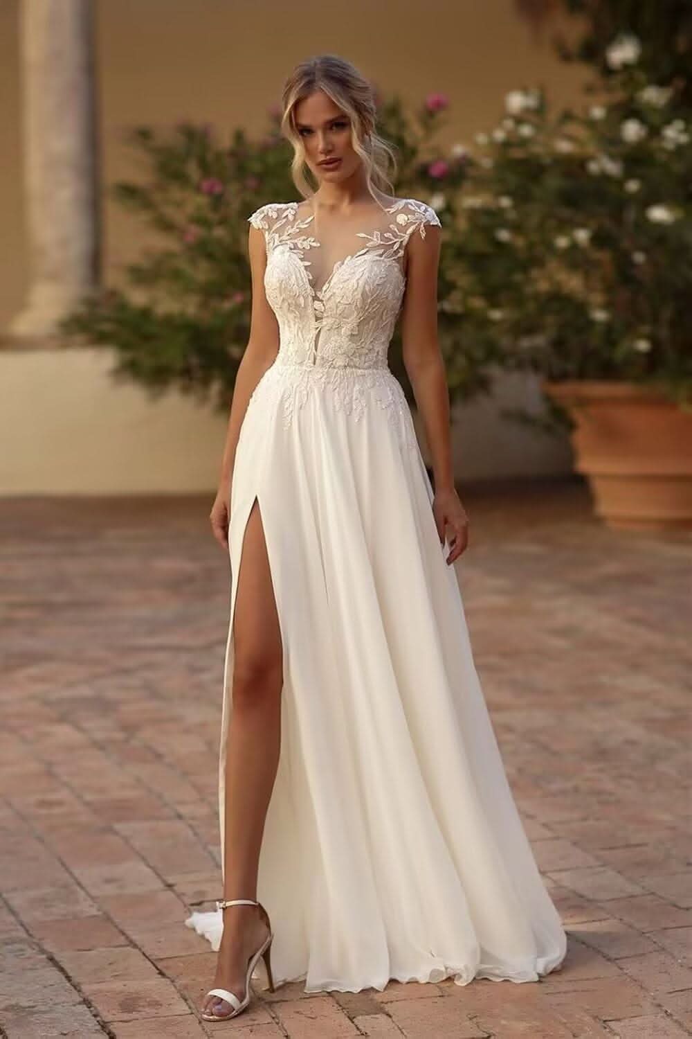 Women's Beach Spaghetti Strap Wedding Dresses for Bride 2025 Boho Long Lace Bridal Gowns for Wedding - Bmbride