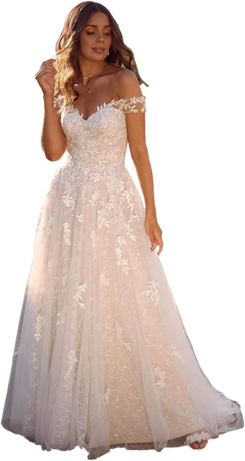 Women's Beach Spaghetti Strap Wedding Dresses for Bride 2025 Boho Long Lace Bridal Gowns for Wedding - Bmbride