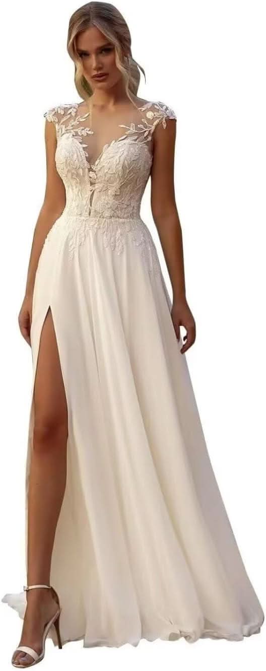 Women's Beach Spaghetti Strap Wedding Dresses for Bride 2025 Boho Long Lace Bridal Gowns for Wedding - Bmbride