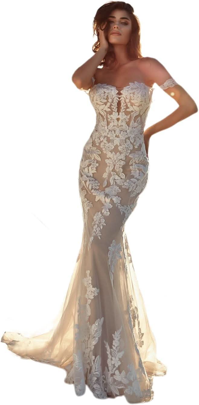 Women's Beach Spaghetti Strap Wedding Dresses for Bride 2025 Boho Long Lace Bridal Gowns for Wedding - Bmbride