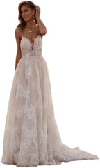 Women's Beach Spaghetti Strap Wedding Dresses for Bride 2025 Boho Long Lace Bridal Gowns for Wedding - Bmbride