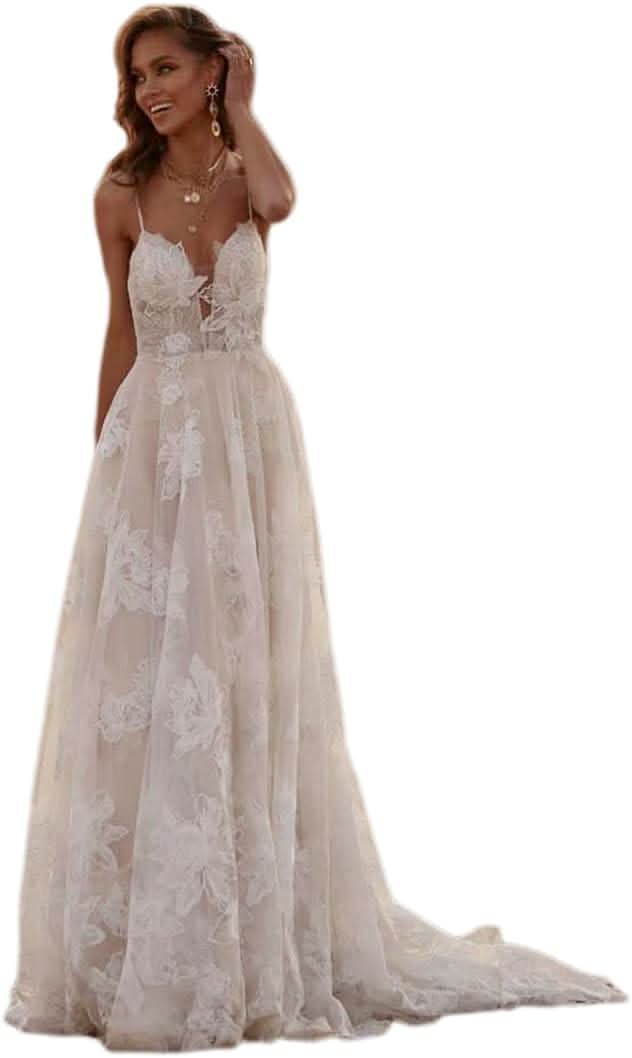 Women's Beach Spaghetti Strap Wedding Dresses for Bride 2025 Boho Long Lace Bridal Gowns for Wedding - Bmbride