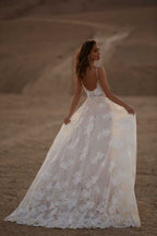 Women's Beach Spaghetti Strap Wedding Dresses for Bride 2025 Boho Long Lace Bridal Gowns for Wedding - Bmbride