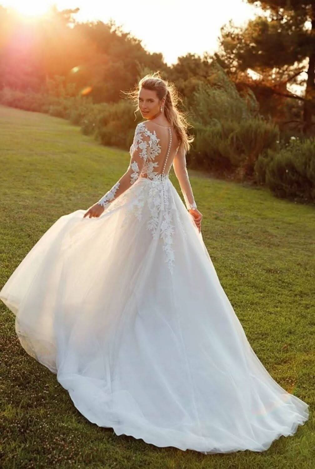 Women's Beach Spaghetti Strap Wedding Dresses for Bride 2025 Boho Long Lace Bridal Gowns for Wedding - Bmbride