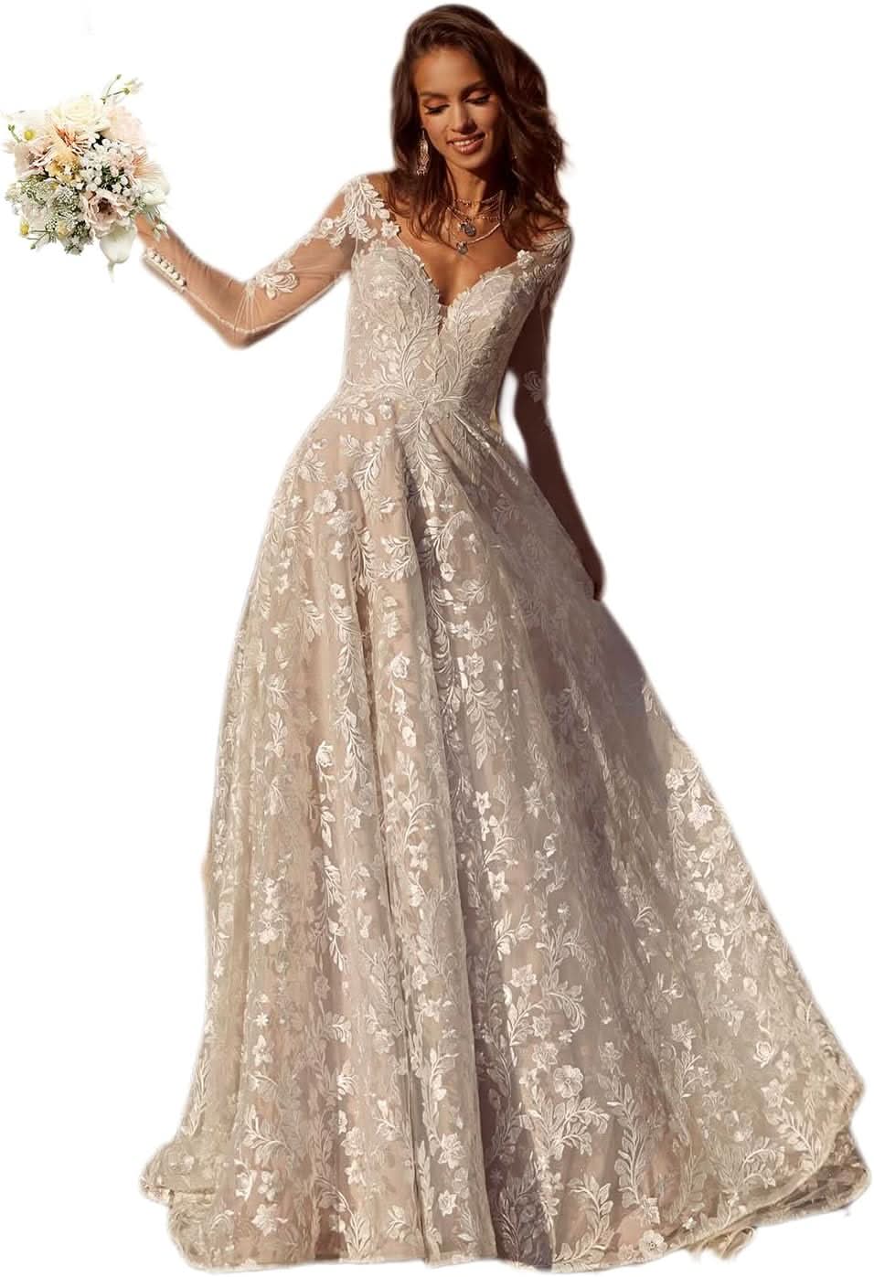 Women's Beach Spaghetti Strap Wedding Dresses for Bride 2025 Boho Long Lace Bridal Gowns for Wedding - Bmbride