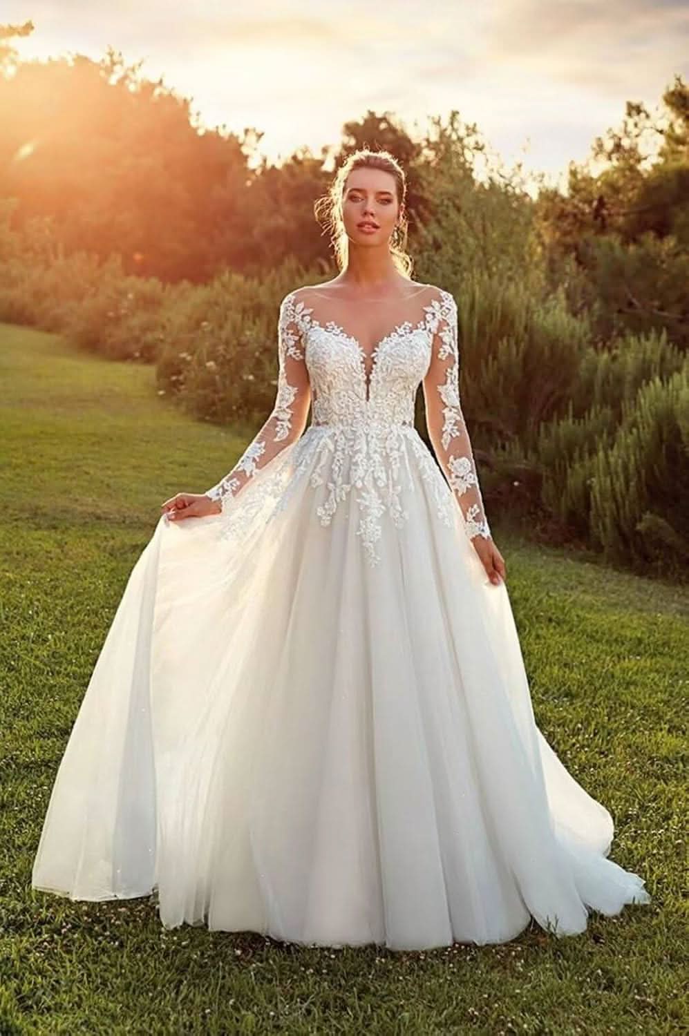 Women's Beach Spaghetti Strap Wedding Dresses for Bride 2025 Boho Long Lace Bridal Gowns for Wedding - Bmbride
