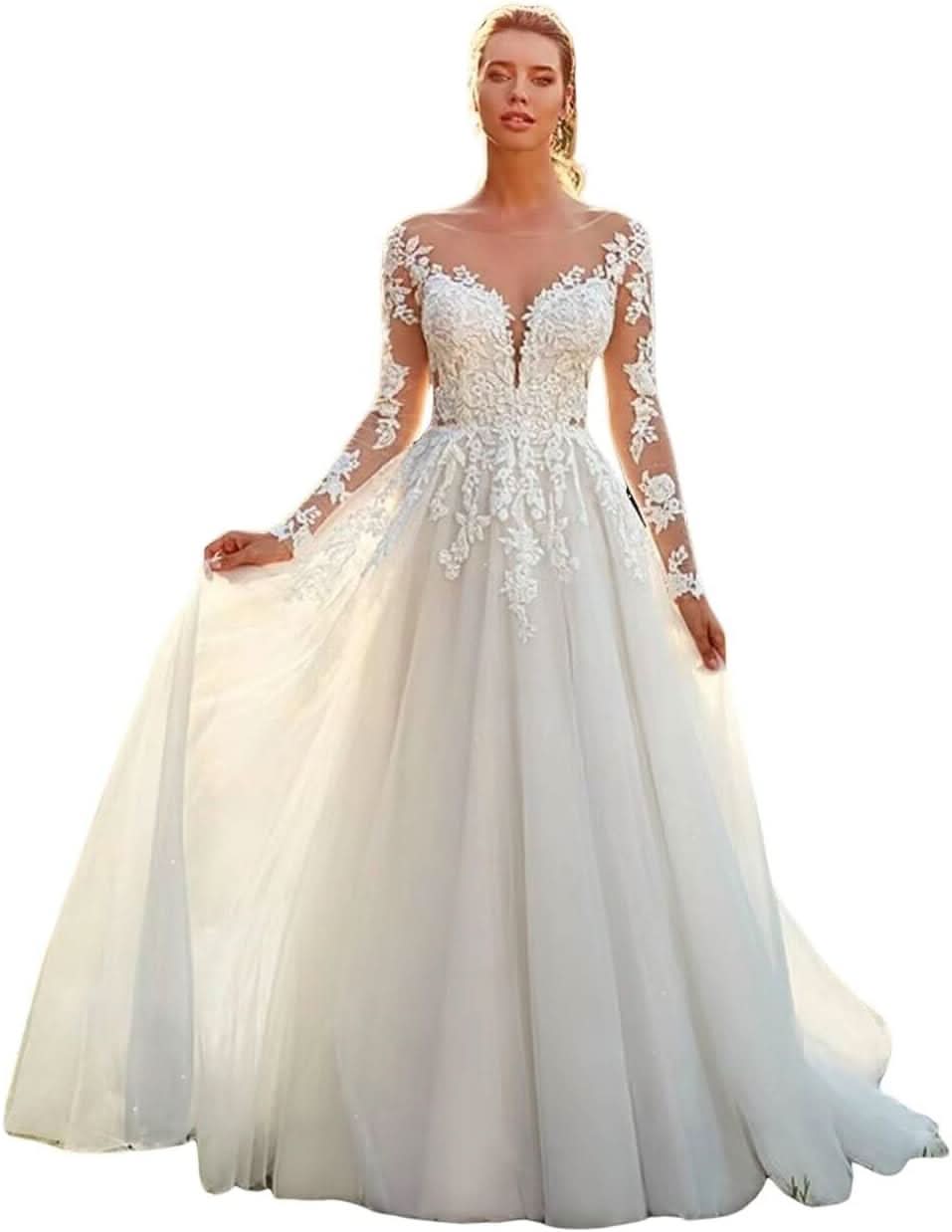 Women's Beach Spaghetti Strap Wedding Dresses for Bride 2025 Boho Long Lace Bridal Gowns for Wedding - Bmbride