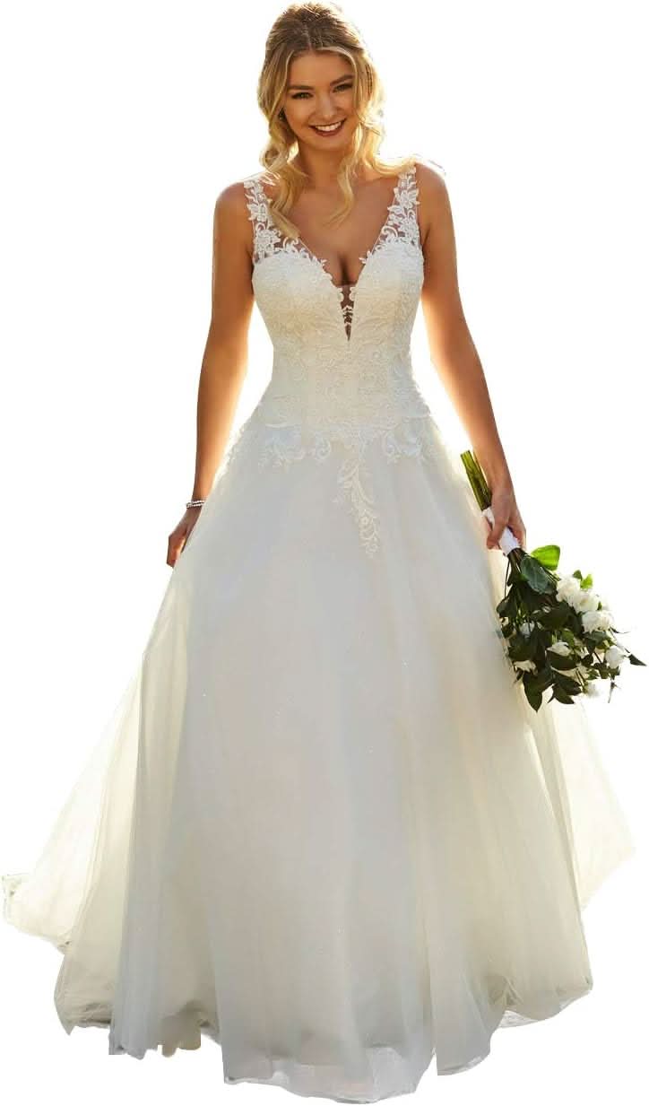 Women's Beach Spaghetti Strap Wedding Dresses for Bride 2025 Boho Long Lace Bridal Gowns for Wedding - Bmbride