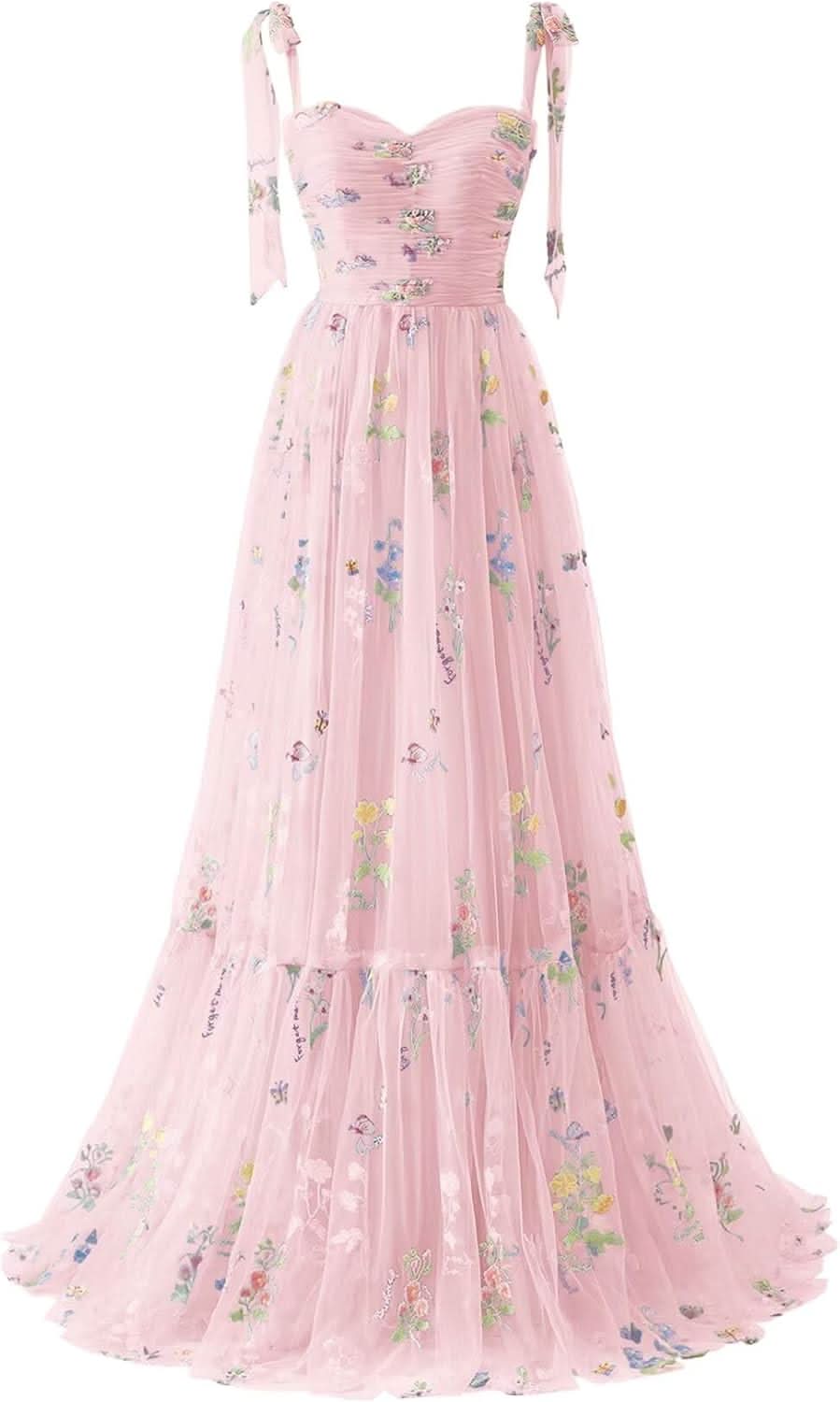 Women's Flower Embroidery Tulle Prom Dresses 2025 Long Spaghetti Straps Evening Party Gowns - Bmbride
