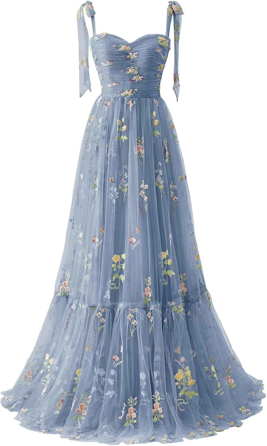 Women's Flower Embroidery Tulle Prom Dresses 2025 Long Spaghetti Straps Evening Party Gowns - Bmbride