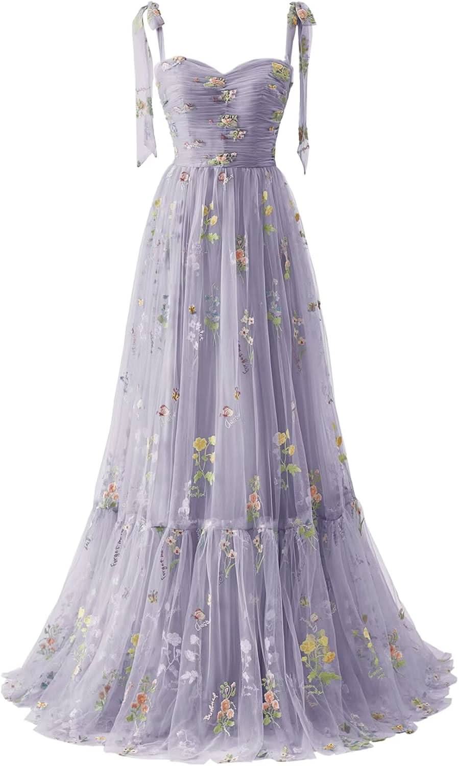 Women's Flower Embroidery Tulle Prom Dresses 2025 Long Spaghetti Straps Evening Party Gowns - Bmbride