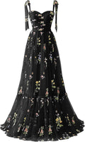 Women's Flower Embroidery Tulle Prom Dresses 2025 Long Spaghetti Straps Evening Party Gowns - Bmbride