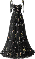 Women's Flower Embroidery Tulle Prom Dresses 2025 Long Spaghetti Straps Evening Party Gowns - Bmbride
