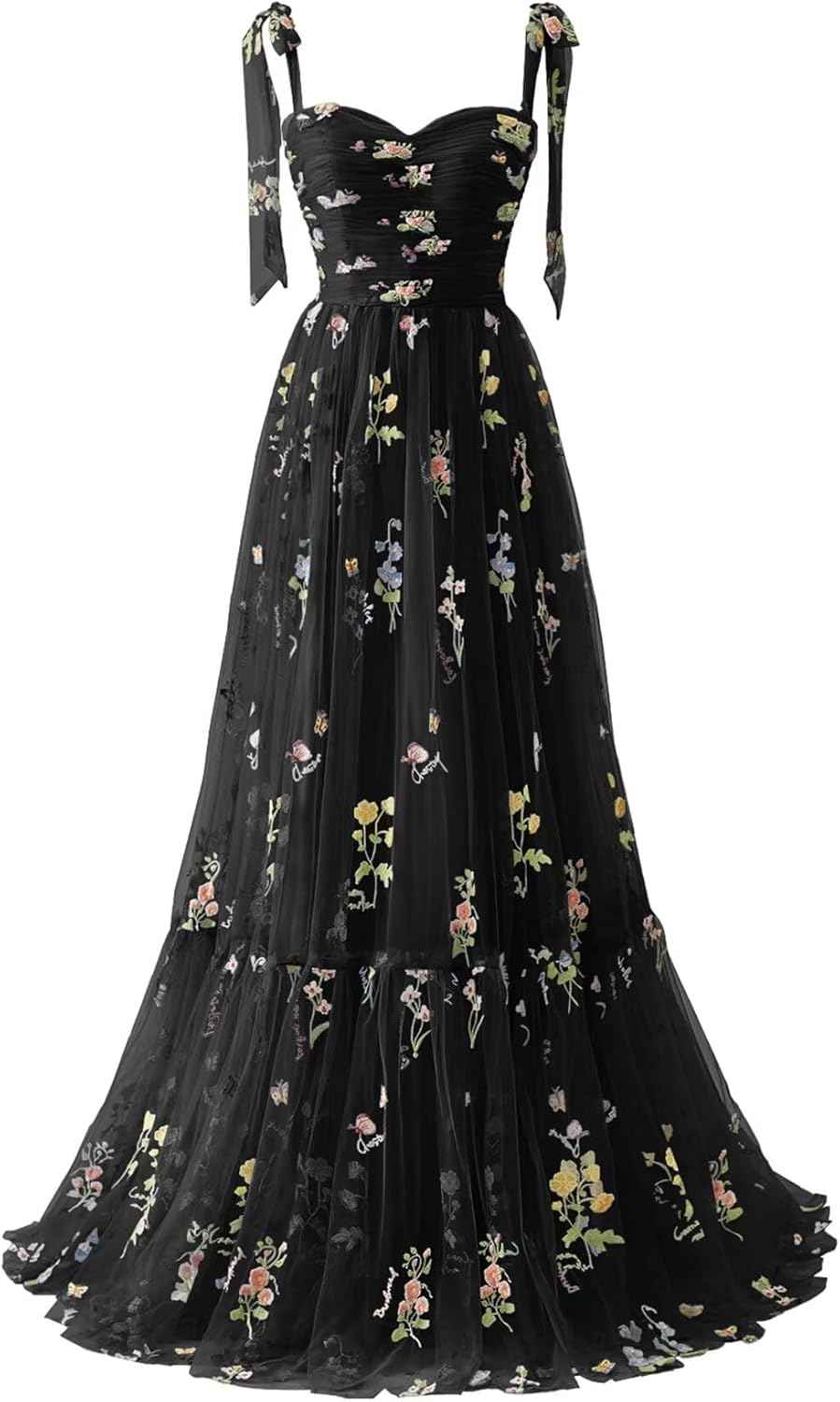 Women's Flower Embroidery Tulle Prom Dresses 2025 Long Spaghetti Straps Evening Party Gowns - Bmbride