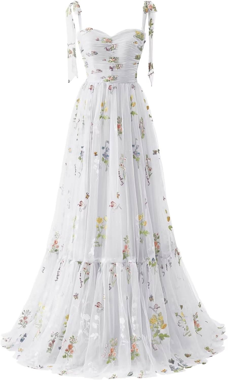 Women's Flower Embroidery Tulle Prom Dresses 2025 Long Spaghetti Straps Evening Party Gowns - Bmbride