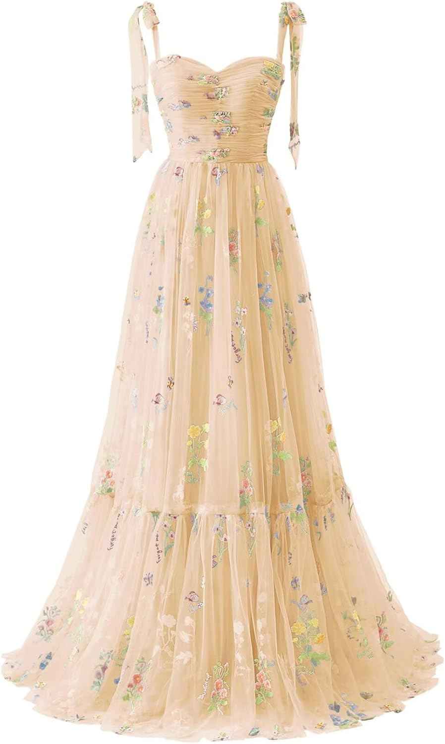 Women's Flower Embroidery Tulle Prom Dresses 2025 Long Spaghetti Straps Evening Party Gowns - Bmbride