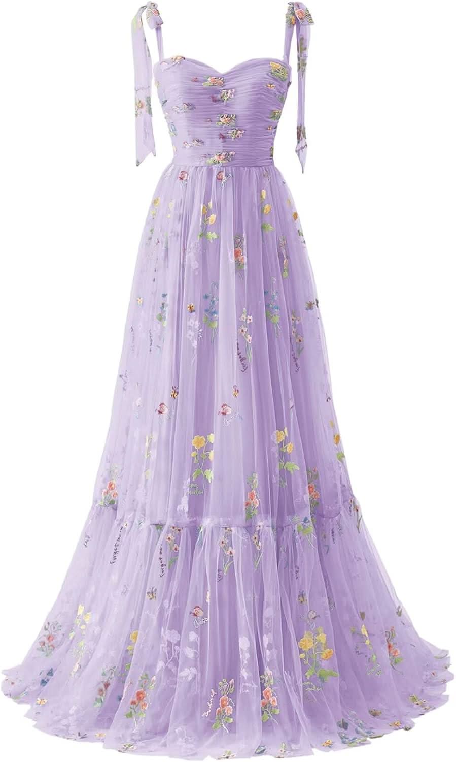 Women's Flower Embroidery Tulle Prom Dresses 2025 Long Spaghetti Straps Evening Party Gowns - Bmbride