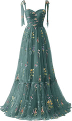 Women's Flower Embroidery Tulle Prom Dresses 2025 Long Spaghetti Straps Evening Party Gowns - Bmbride