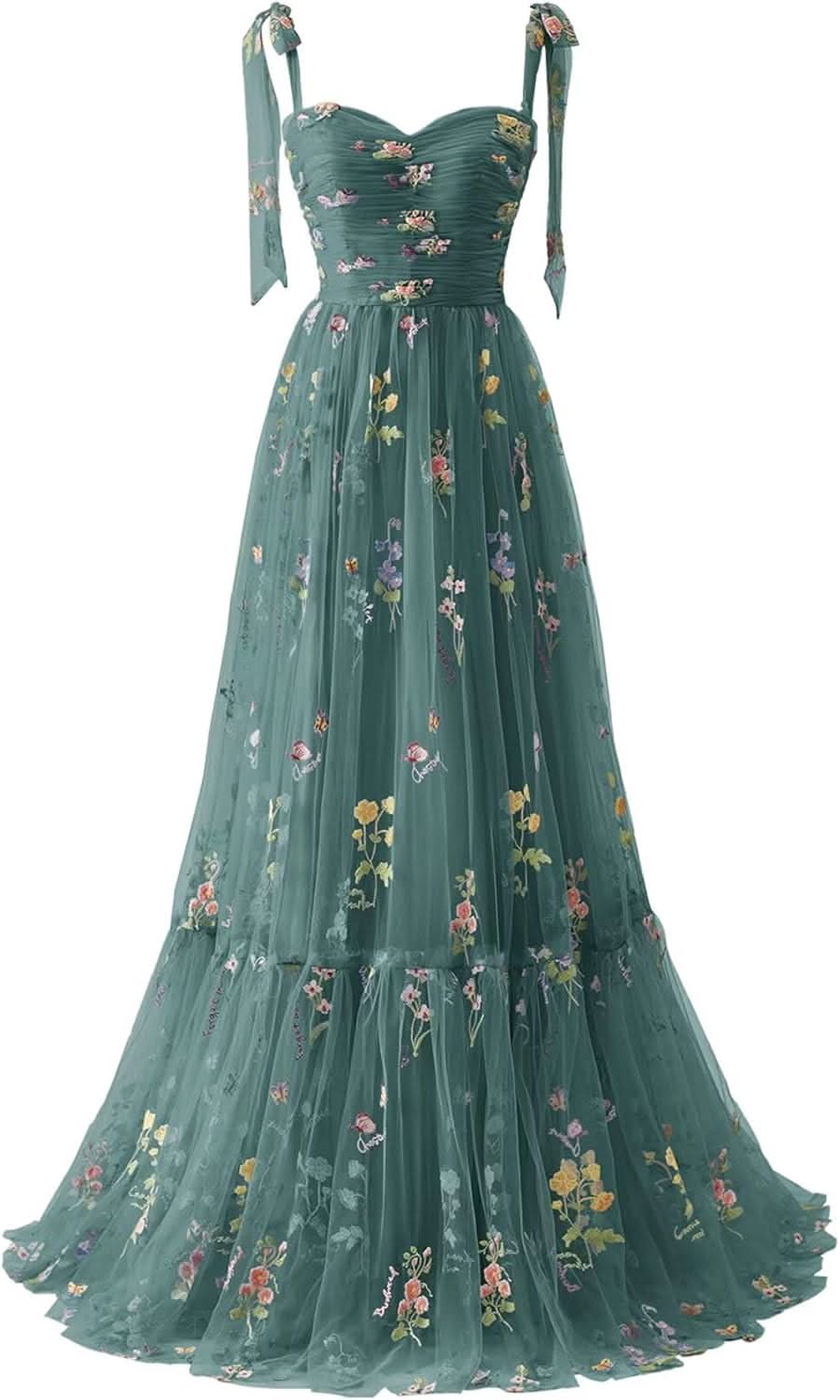 Women's Flower Embroidery Tulle Prom Dresses 2025 Long Spaghetti Straps Evening Party Gowns - Bmbride
