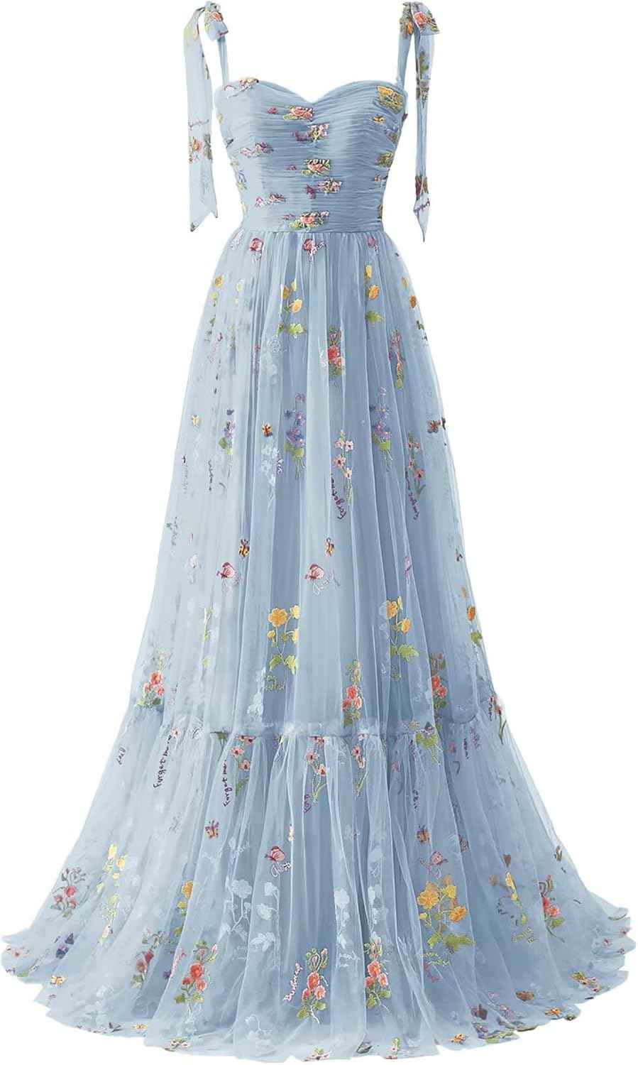 Women's Flower Embroidery Tulle Prom Dresses 2025 Long Spaghetti Straps Evening Party Gowns - Bmbride