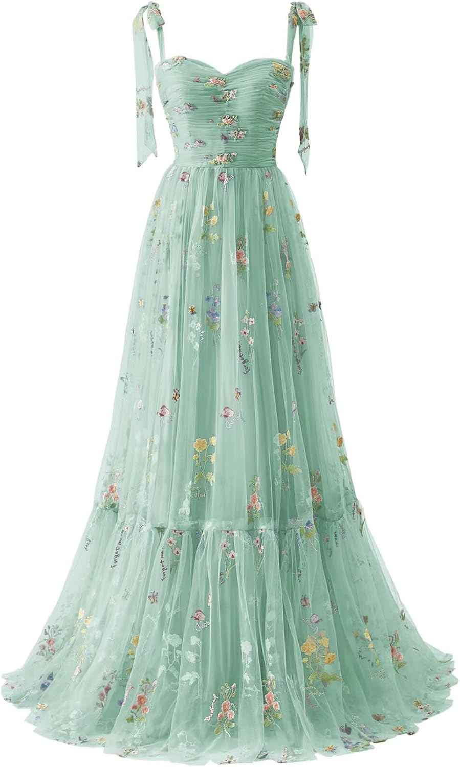 Women's Flower Embroidery Tulle Prom Dresses 2025 Long Spaghetti Straps Evening Party Gowns - Bmbride