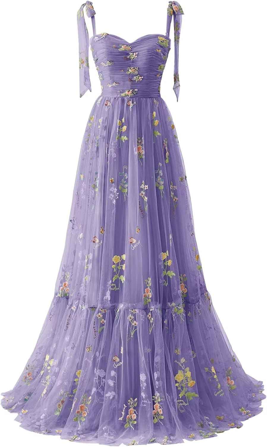 Women's Flower Embroidery Tulle Prom Dresses 2025 Long Spaghetti Straps Evening Party Gowns - Bmbride