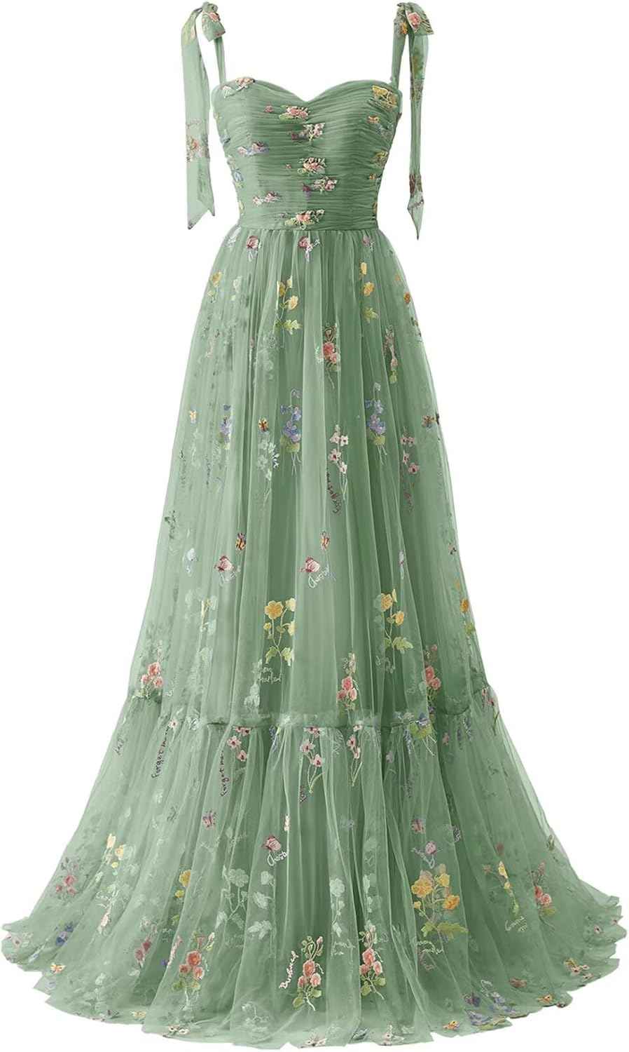 Women's Flower Embroidery Tulle Prom Dresses 2025 Long Spaghetti Straps Evening Party Gowns - Bmbride