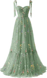 Women's Flower Embroidery Tulle Prom Dresses 2025 Long Spaghetti Straps Evening Party Gowns - Bmbride