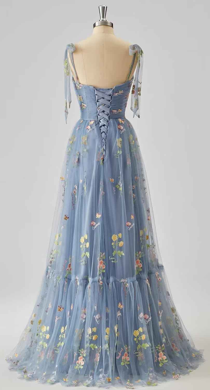 Women's Flower Embroidery Tulle Prom Dresses 2025 Long Spaghetti Straps Evening Party Gowns - Bmbride
