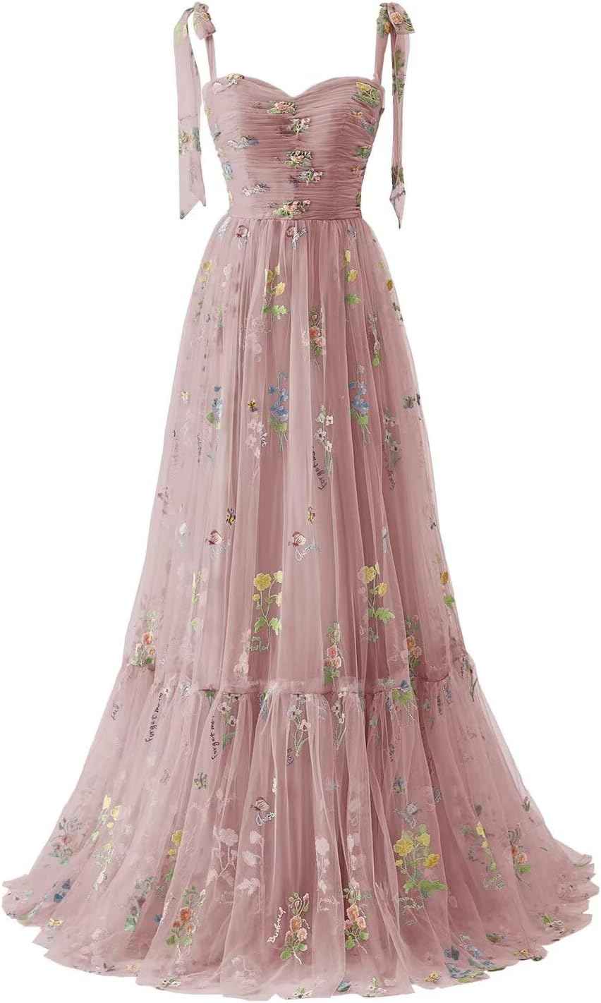 Women's Flower Embroidery Tulle Prom Dresses 2025 Long Spaghetti Straps Evening Party Gowns - Bmbride
