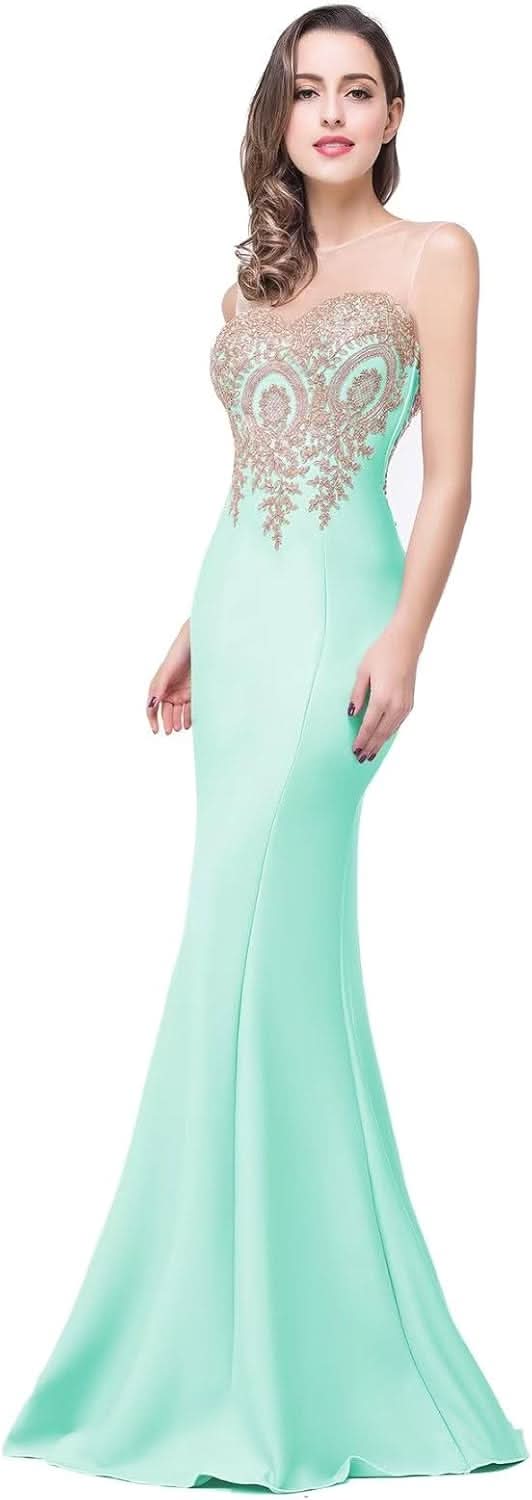 Women's Lace Applique Long Formal Mermaid Evening Prom Dresses - Bmbride