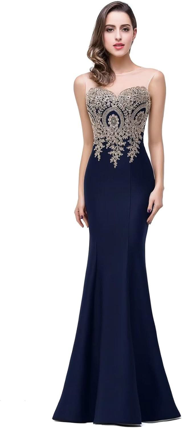 Women's Lace Applique Long Formal Mermaid Evening Prom Dresses - Bmbride