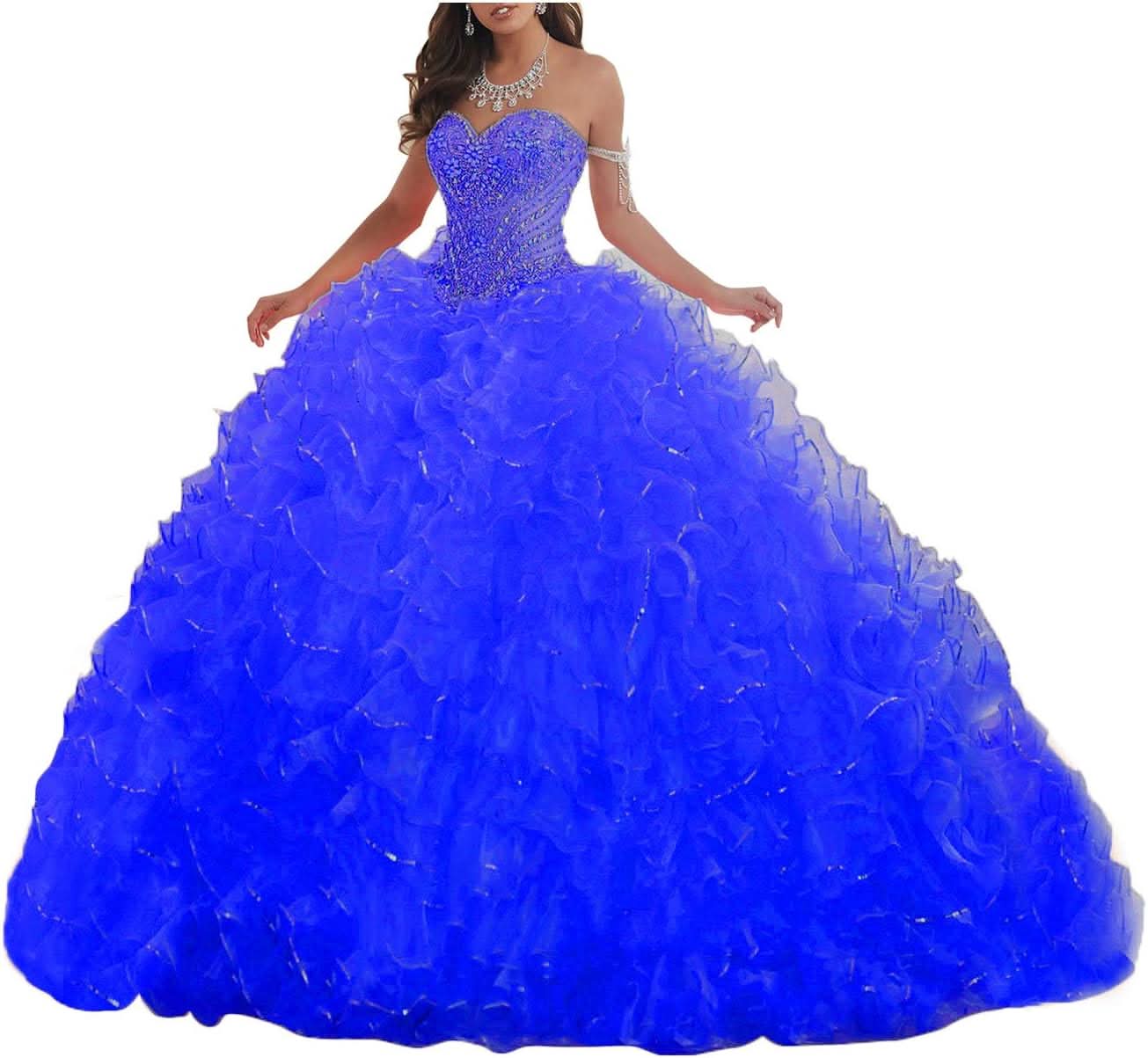 Women's Organza Ruffles Quinceanera Beaded Sweetheart Prom Ball Gown - Bmbride