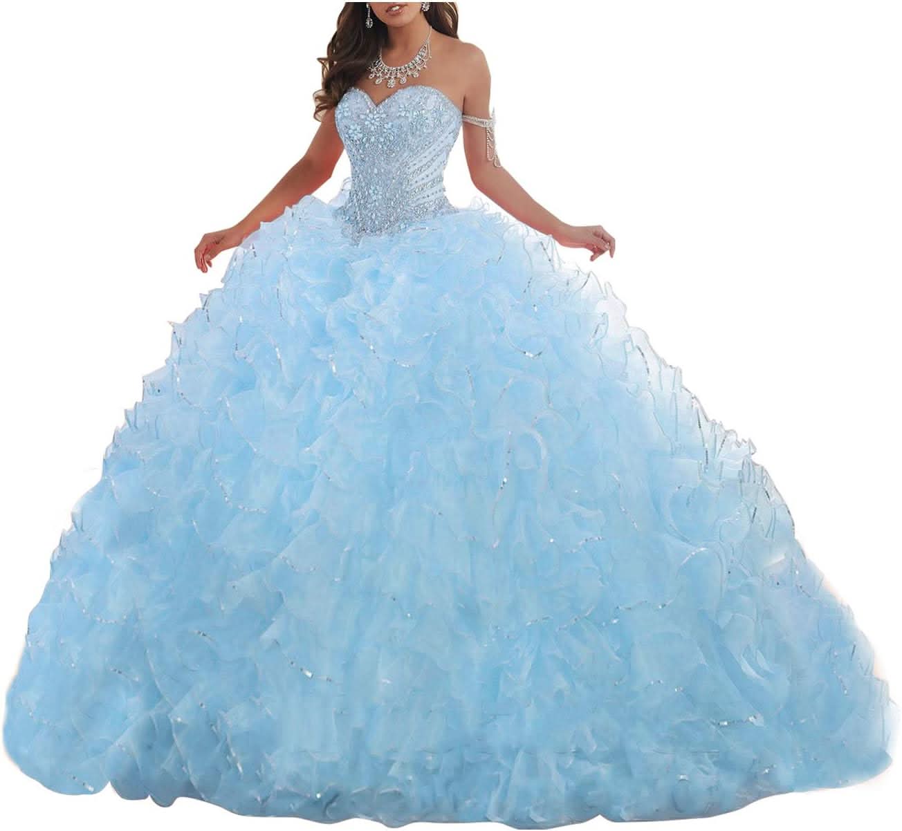 Women's Organza Ruffles Quinceanera Beaded Sweetheart Prom Ball Gown - Bmbride