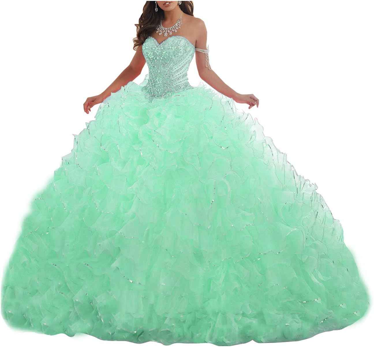 Women's Organza Ruffles Quinceanera Beaded Sweetheart Prom Ball Gown - Bmbride