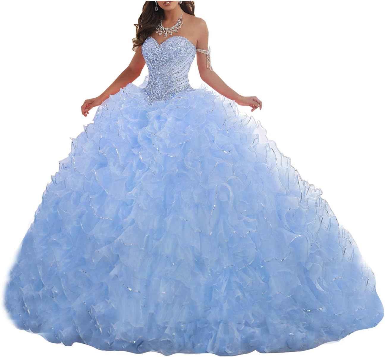 Women's Organza Ruffles Quinceanera Beaded Sweetheart Prom Ball Gown - Bmbride