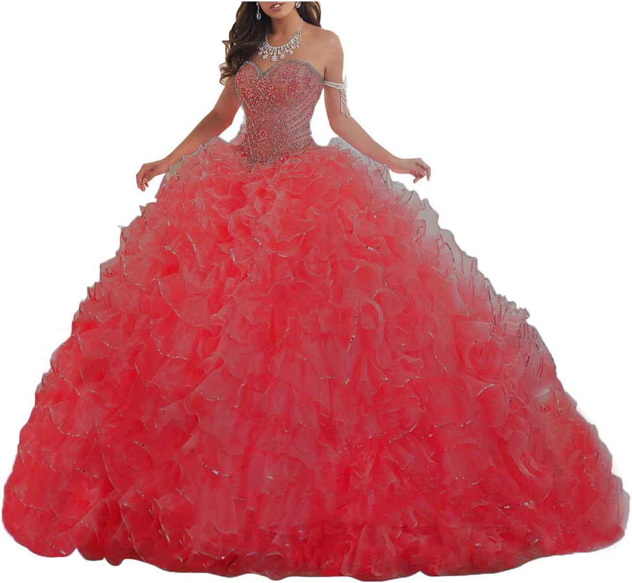 Women's Organza Ruffles Quinceanera Beaded Sweetheart Prom Ball Gown - Bmbride