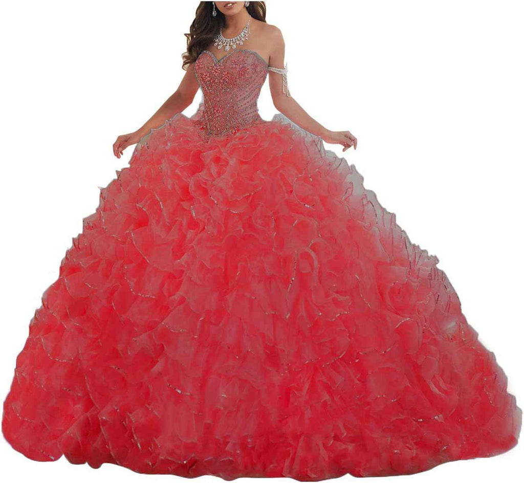 Women's Organza Ruffles Quinceanera Beaded Sweetheart Prom Ball Gown - Bmbride