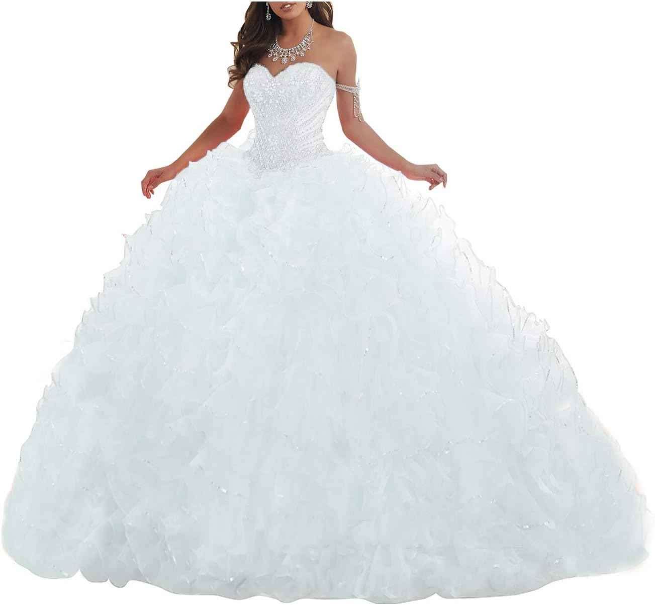 Women's Organza Ruffles Quinceanera Beaded Sweetheart Prom Ball Gown - Bmbride