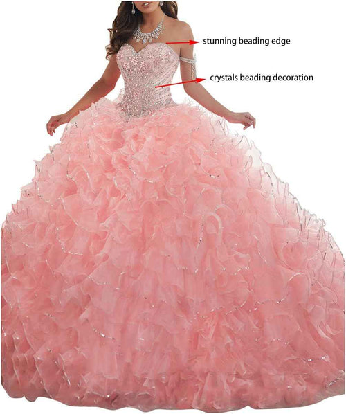 Women's Organza Ruffles Quinceanera Beaded Sweetheart Prom Ball Gown Bmbride