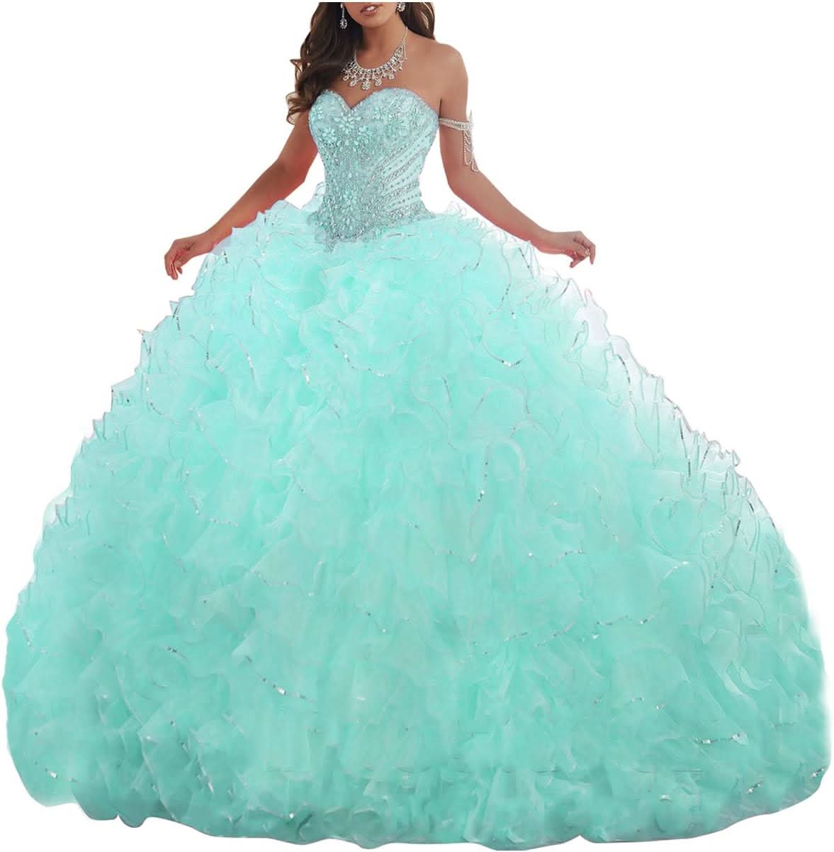 Women's Organza Ruffles Quinceanera Beaded Sweetheart Prom Ball Gown - Bmbride