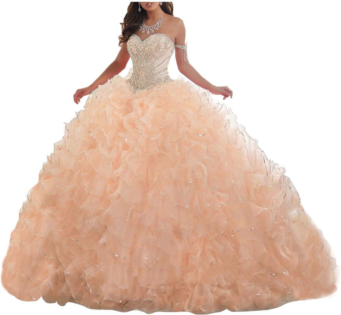 Women's Organza Ruffles Quinceanera Beaded Sweetheart Prom Ball Gown - Bmbride