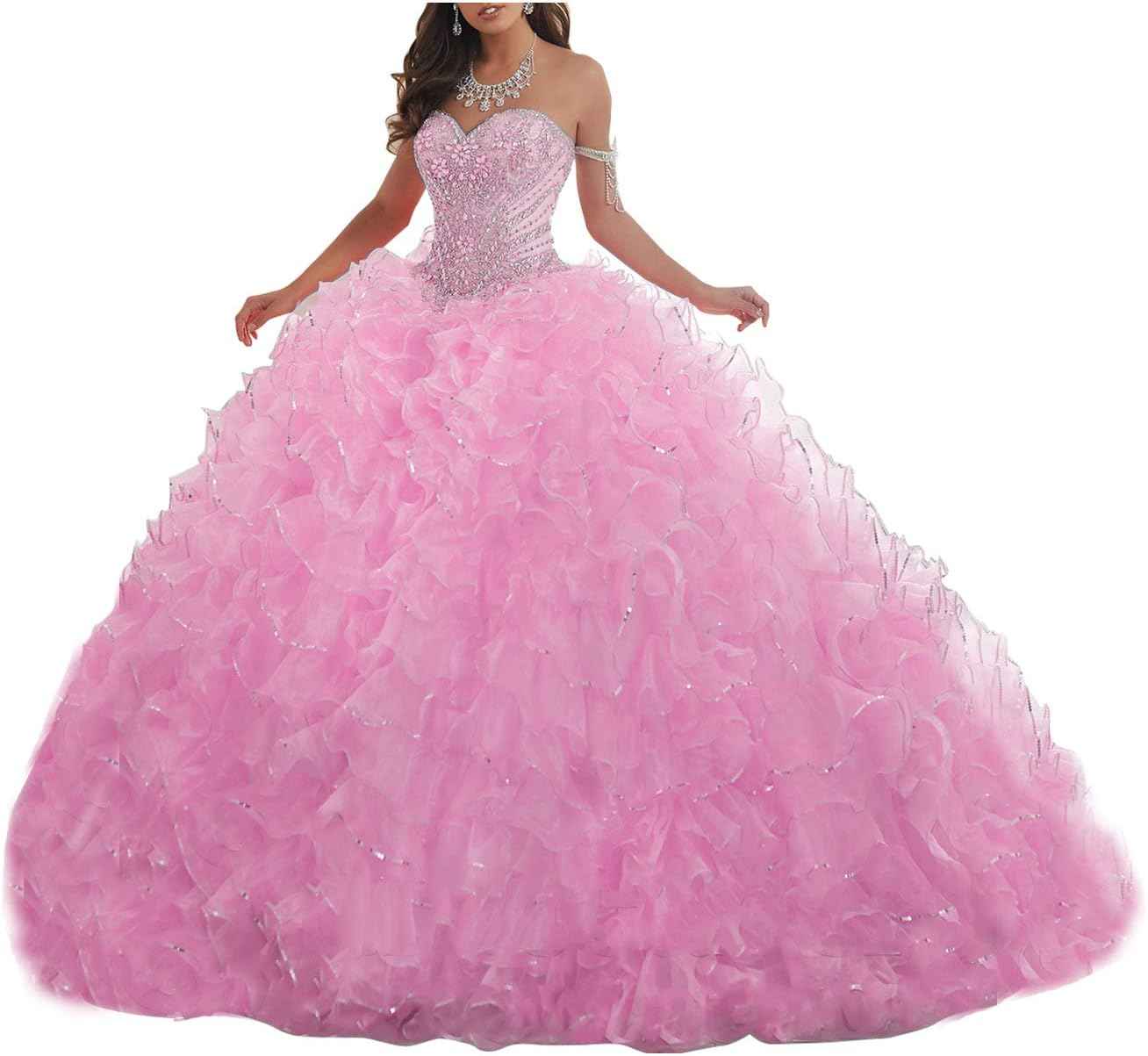 Women's Organza Ruffles Quinceanera Beaded Sweetheart Prom Ball Gown - Bmbride
